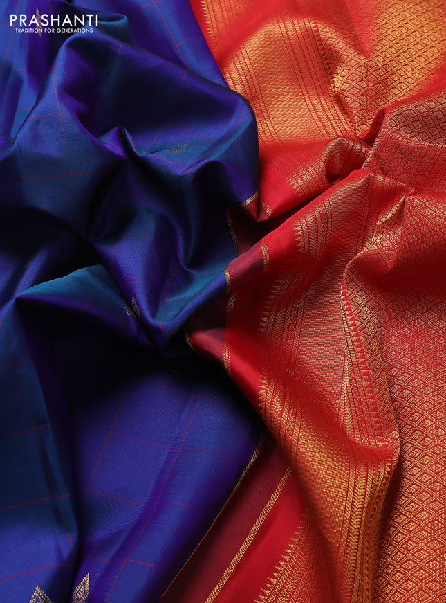Pure kanchipuram silk saree peacock blue and red with allover checks & buttas and zari woven korvai border
