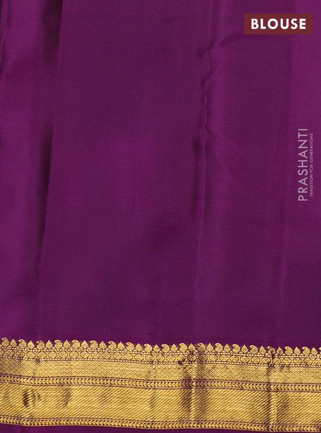 Pure kanchipuram silk saree mild peach pink and purple with zari woven buttas and zari woven korvai border