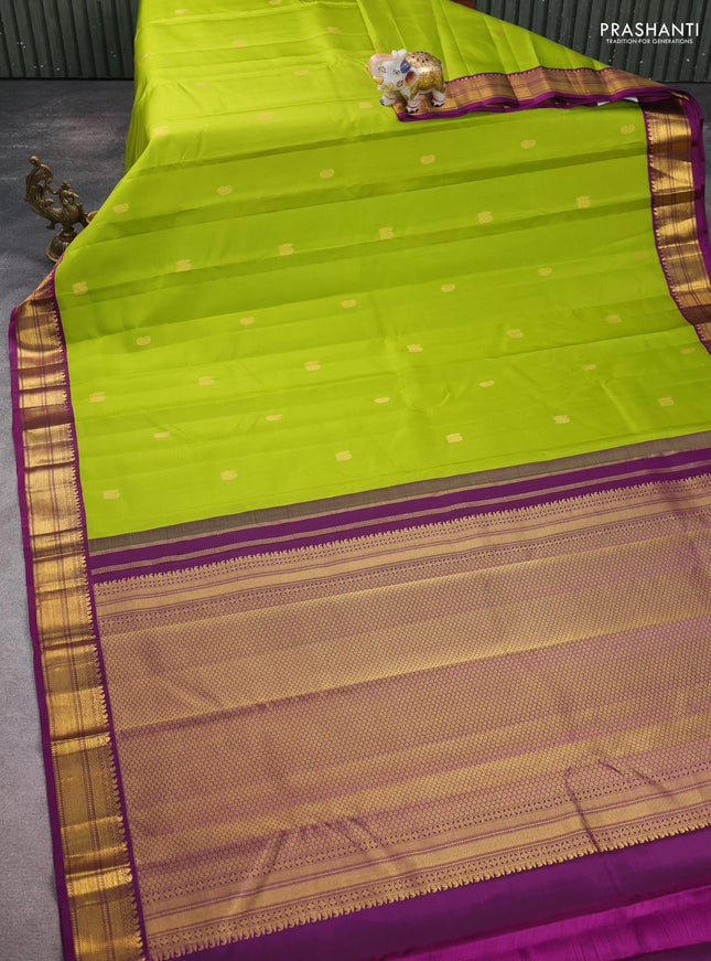 Pure kanchipuram silk saree lime green and purple with zari woven buttas and zari woven korvai border