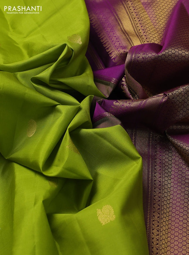 Pure kanchipuram silk saree lime green and purple with zari woven buttas and zari woven korvai border