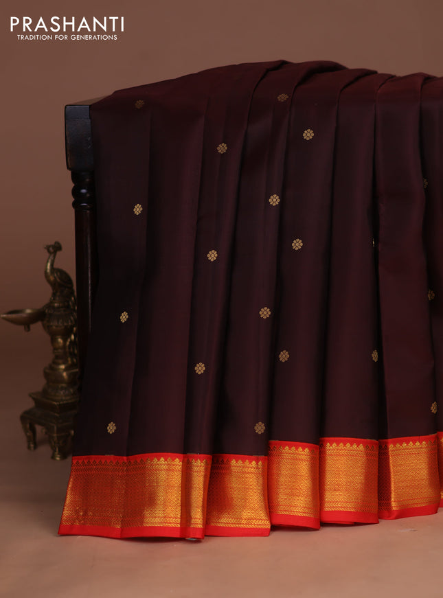 Pure kanchipuram silk saree coffee brown and orange with zari woven buttas and zari woven korvai border