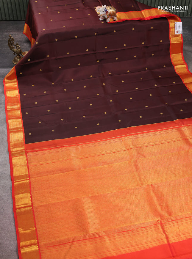 Pure kanchipuram silk saree coffee brown and orange with zari woven buttas and zari woven korvai border