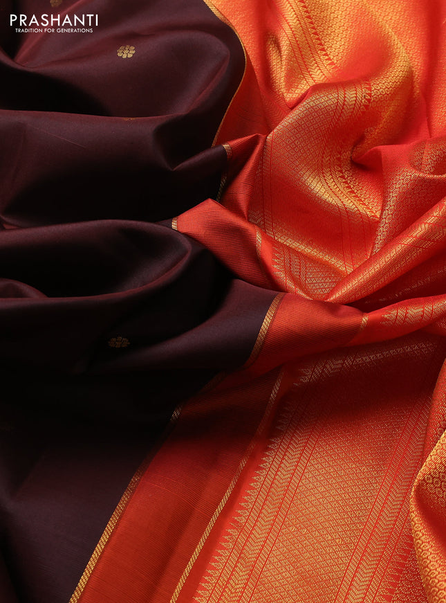 Pure kanchipuram silk saree coffee brown and orange with zari woven buttas and zari woven korvai border