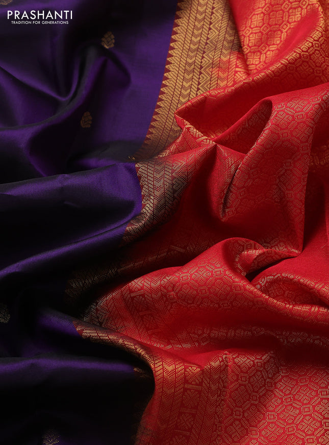 Pure kanchipuram silk saree violet and red with zari woven buttas and zari woven korvai border