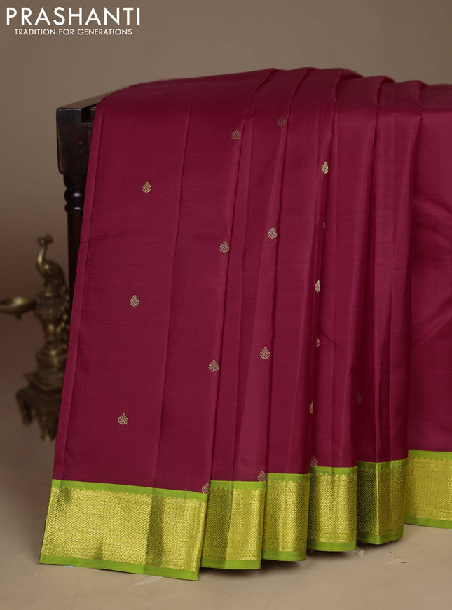 Pure kanchipuram silk saree tomato red and light green with zatri woven buttas and zari woven korvai border