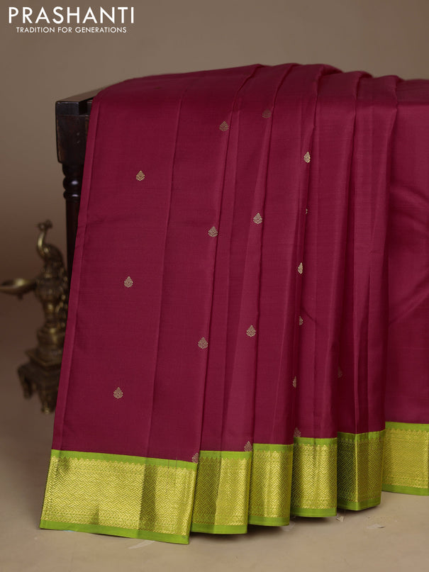 Pure kanchipuram silk saree tomato red and light green with zatri woven buttas and zari woven korvai border