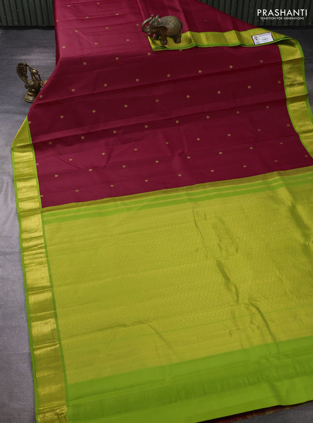 Pure kanchipuram silk saree tomato red and light green with zatri woven buttas and zari woven korvai border
