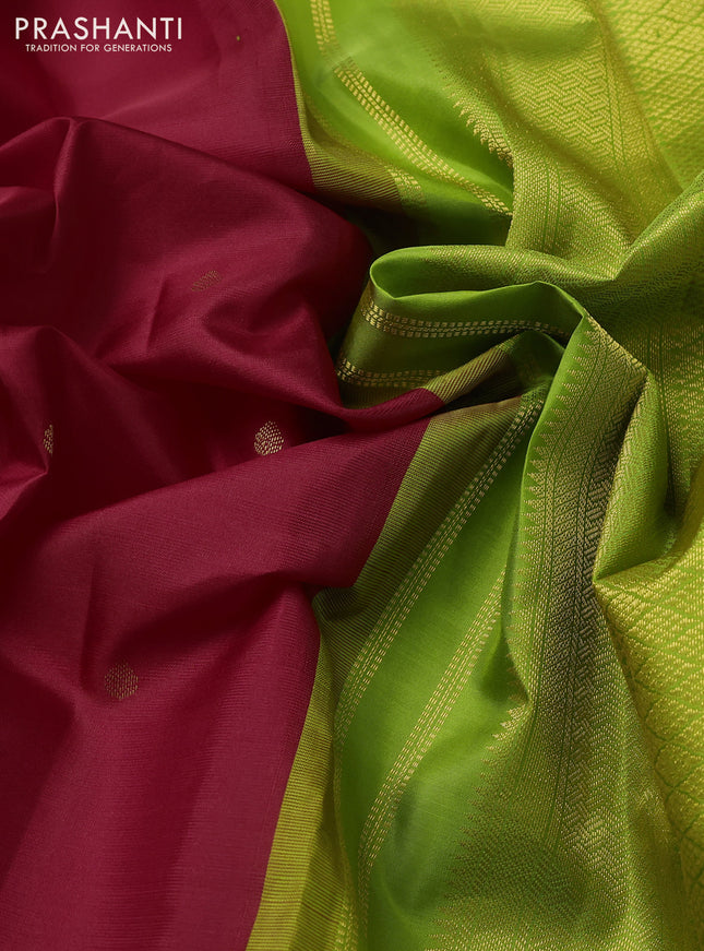 Pure kanchipuram silk saree tomato red and light green with zatri woven buttas and zari woven korvai border