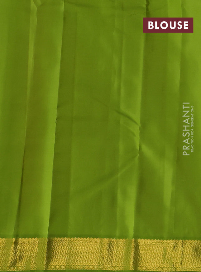 Pure kanchipuram silk saree tomato red and light green with zatri woven buttas and zari woven korvai border