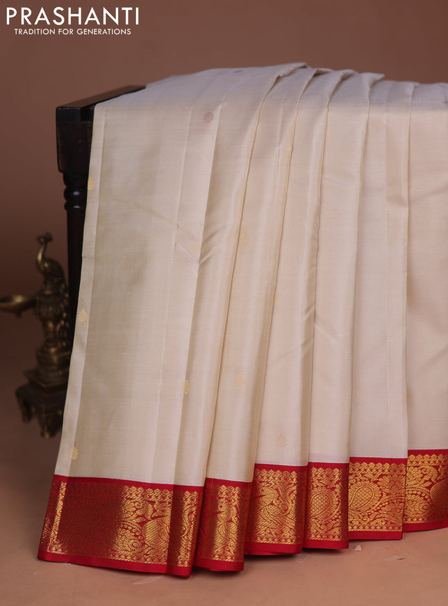 Pure kanchipuram silk saree cream and red with zari woven buttas and annam zari woven korvai border