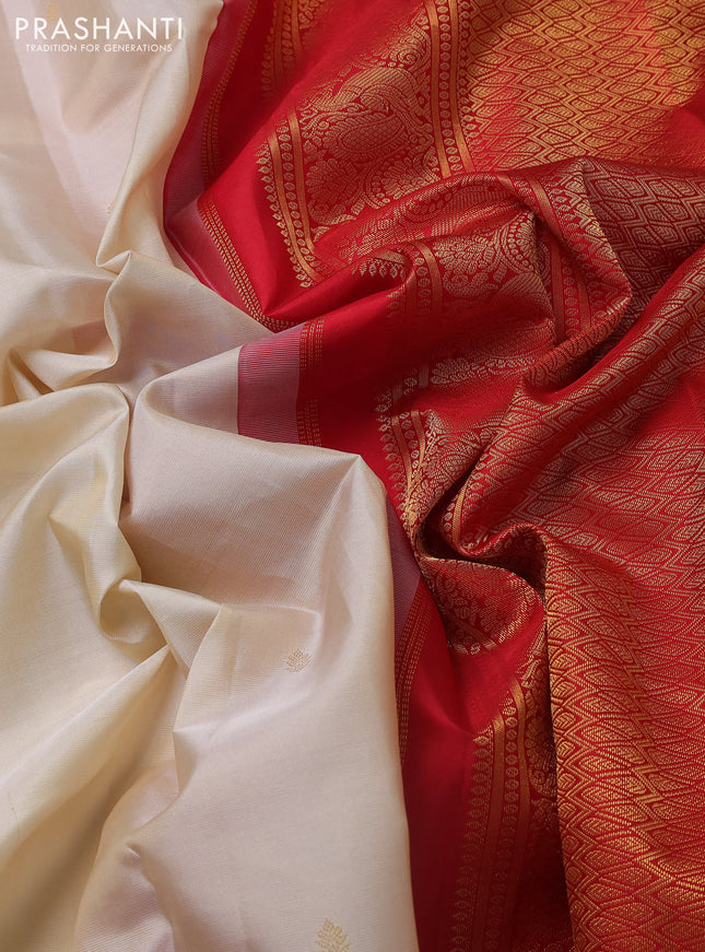 Pure kanchipuram silk saree cream and red with zari woven buttas and annam zari woven korvai border