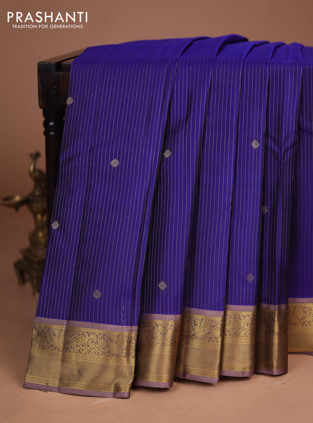 Pure kanchipuram silk saree blue and rosy brown with zari weaves & buttas and zari woven border