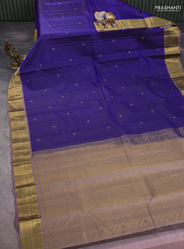 Pure kanchipuram silk saree blue and rosy brown with zari weaves & buttas and zari woven border