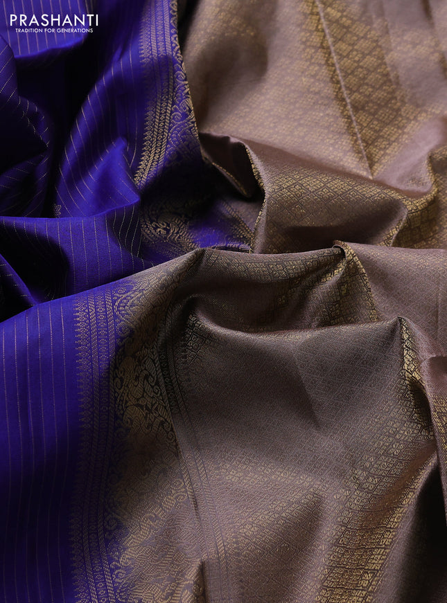 Pure kanchipuram silk saree blue and rosy brown with zari weaves & buttas and zari woven border