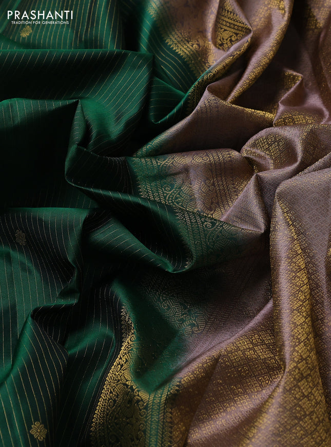 Pure kanchipuram silk saree green and rosy brown with zari weaves & buttas and zari woven border