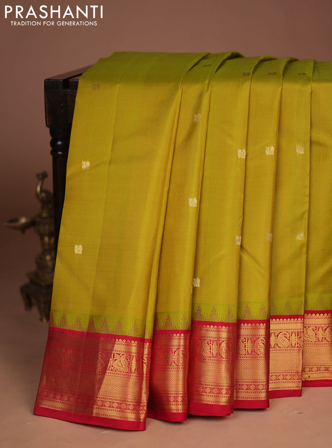 Pure kanchipuram silk saree lime green and red with annam zari woven buttas and temple design zari woven border