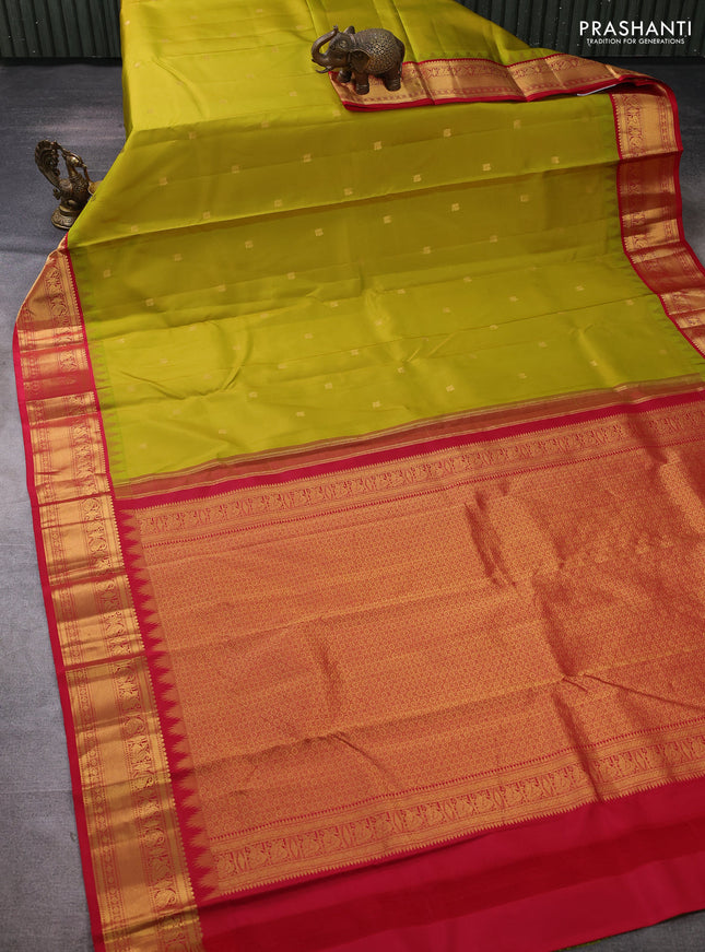 Pure kanchipuram silk saree lime green and red with annam zari woven buttas and temple design zari woven border
