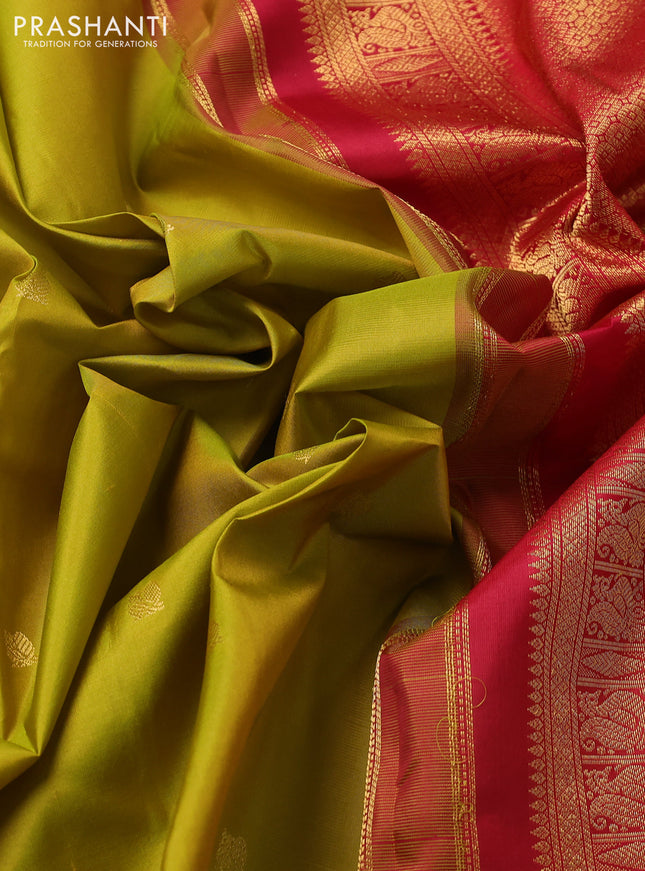 Pure kanchipuram silk saree lime green and red with annam zari woven buttas and temple design zari woven border