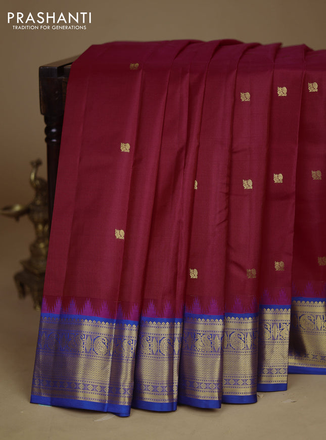 Pure kanchipuram silk saree pink and blue with annam zari woven buttas and temple design zari woven border