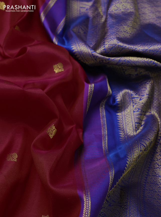 Pure kanchipuram silk saree pink and blue with annam zari woven buttas and temple design zari woven border