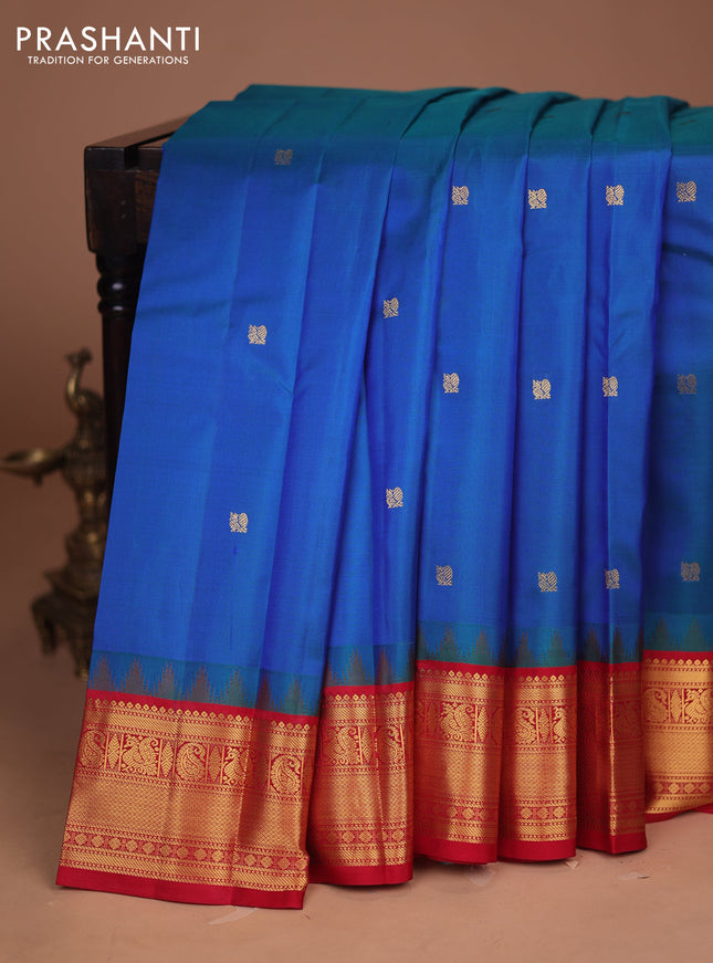 Pure kanchipuram silk saree cs blue and red with annam zari woven buttas and temple design zari woven border