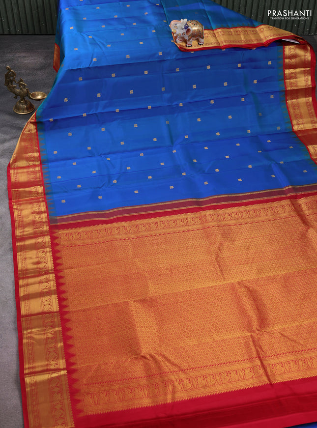 Pure kanchipuram silk saree cs blue and red with annam zari woven buttas and temple design zari woven border