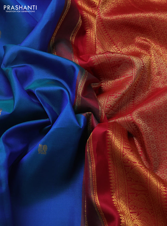 Pure kanchipuram silk saree cs blue and red with annam zari woven buttas and temple design zari woven border