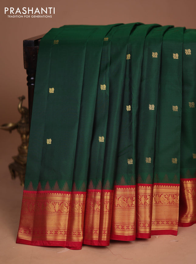 Pure kanchipuram silk saree bottle green and red with annam zari woven buttas and temple design zari woven border