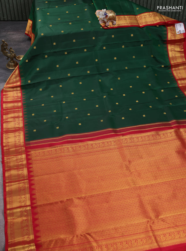 Pure kanchipuram silk saree bottle green and red with annam zari woven buttas and temple design zari woven border