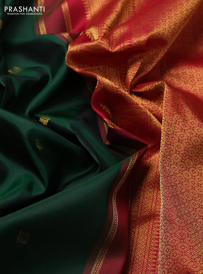 Pure kanchipuram silk saree bottle green and red with annam zari woven buttas and temple design zari woven border