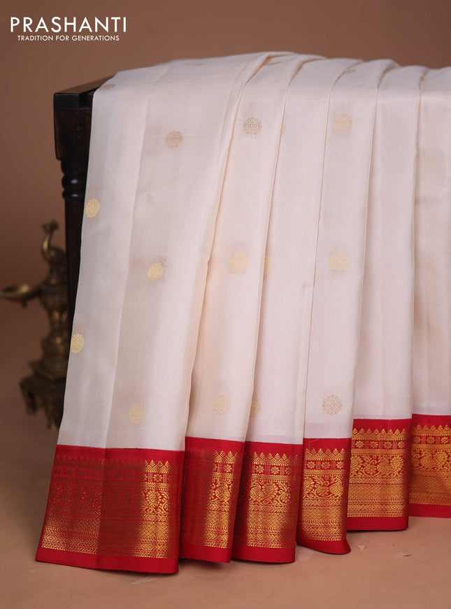 Pure kanchipuram silk saree off white and red with zari woven buttas and zari woven korvai border