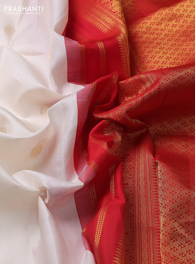 Pure kanchipuram silk saree off white and red with zari woven buttas and zari woven korvai border