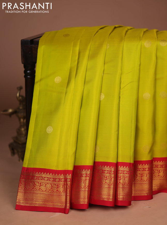 Pure kanchipuram silk saree lime green and red with zari woven buttas and zari woven korvai border