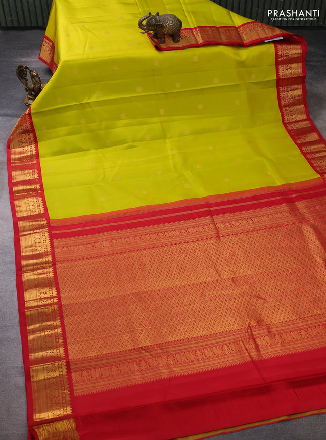 Pure kanchipuram silk saree lime green and red with zari woven buttas and zari woven korvai border