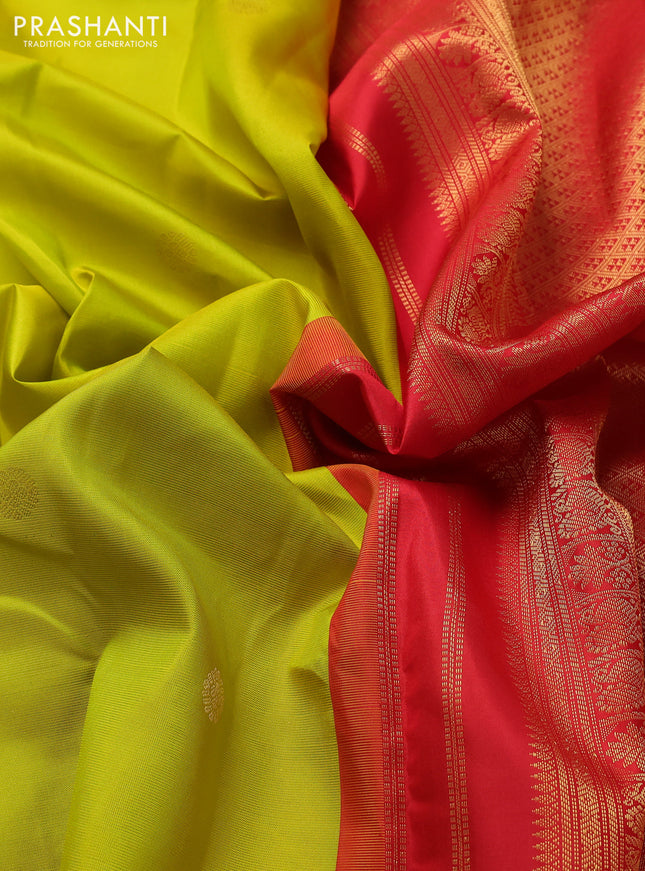 Pure kanchipuram silk saree lime green and red with zari woven buttas and zari woven korvai border