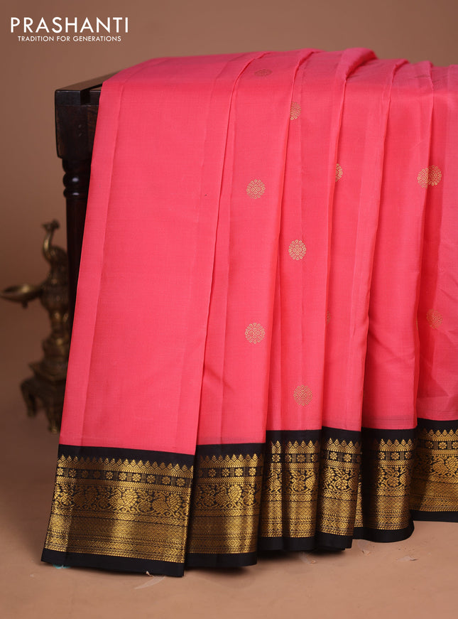 Pure kanchipuram silk saree candy pink and black with zari woven buttas and zari woven korvai border