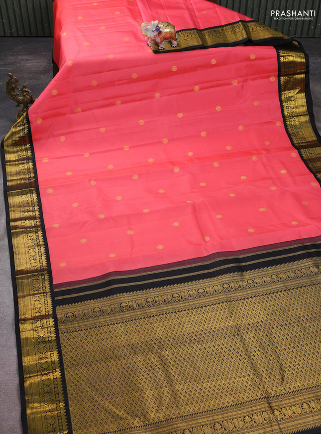 Pure kanchipuram silk saree candy pink and black with zari woven buttas and zari woven korvai border