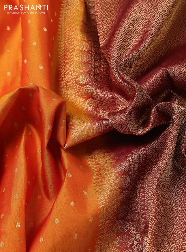 Pure kanchipuram silk saree sunset orange and maroon with allover zari woven buttas and zari woven korvai border