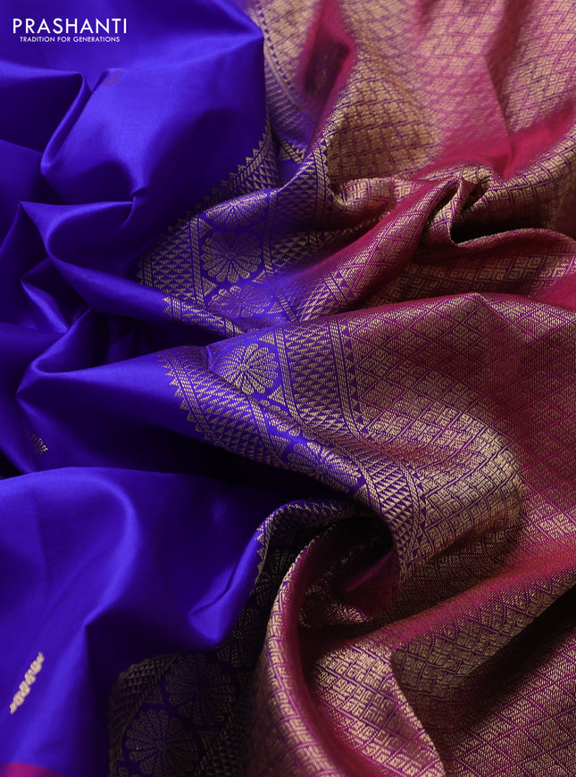 Pure kanchipuram silk saree royal blue and purple with zari woven buttas and temple zari woven border