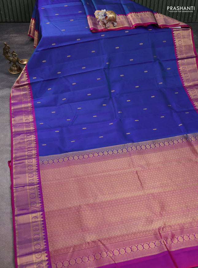 Pure kanchipuram silk saree blue and purple with zari woven buttas and temple zari woven border