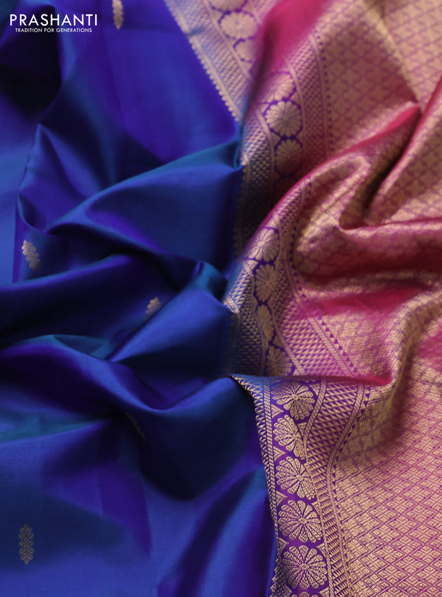 Pure kanchipuram silk saree blue and purple with zari woven buttas and temple zari woven border