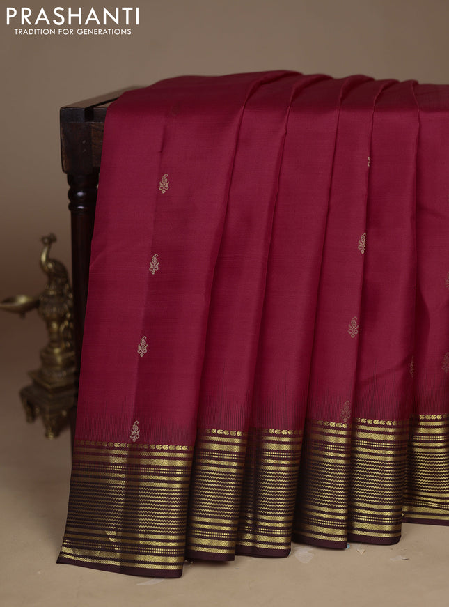 Pure kanchipuram silk saree tomato red and coffee brown with zari woven buttas and zari woven border