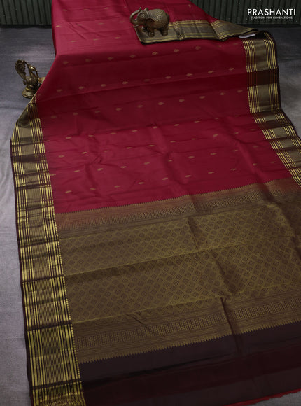 Pure kanchipuram silk saree tomato red and coffee brown with zari woven buttas and zari woven border