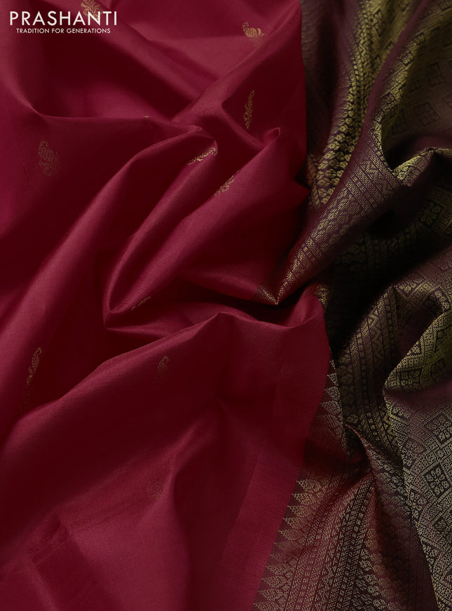 Pure kanchipuram silk saree tomato red and coffee brown with zari woven buttas and zari woven border