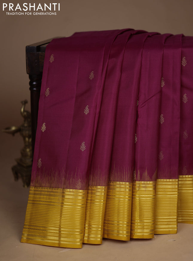 Pure kanchipuram silk saree wine shade and yellow with zari woven buttas and zari woven border