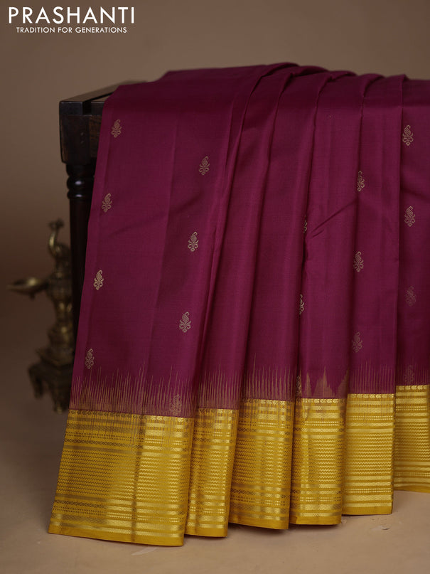 Pure kanchipuram silk saree wine shade and yellow with zari woven buttas and zari woven border