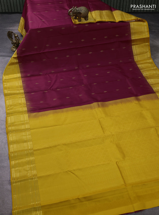 Pure kanchipuram silk saree wine shade and yellow with zari woven buttas and zari woven border