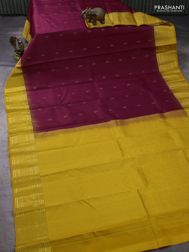 Pure kanchipuram silk saree wine shade and yellow with zari woven buttas and zari woven border
