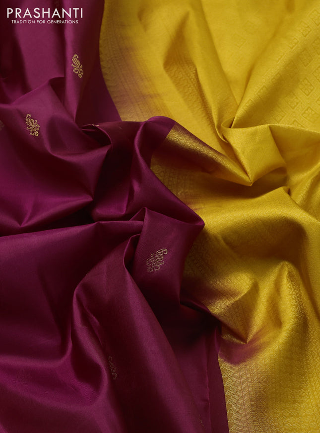 Pure kanchipuram silk saree wine shade and yellow with zari woven buttas and zari woven border
