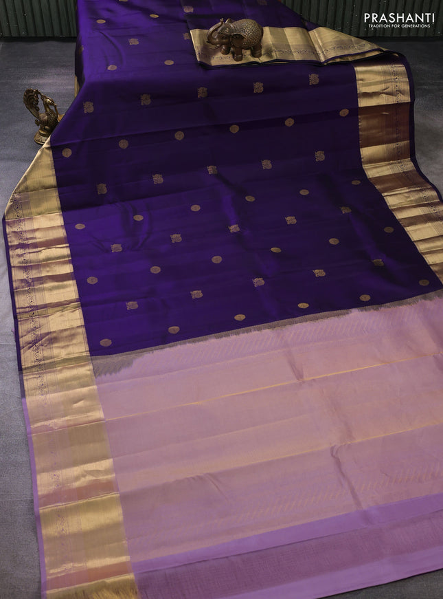 Pure kanchipuram silk saree violet with zari woven buttas and rich zari woven korvai border